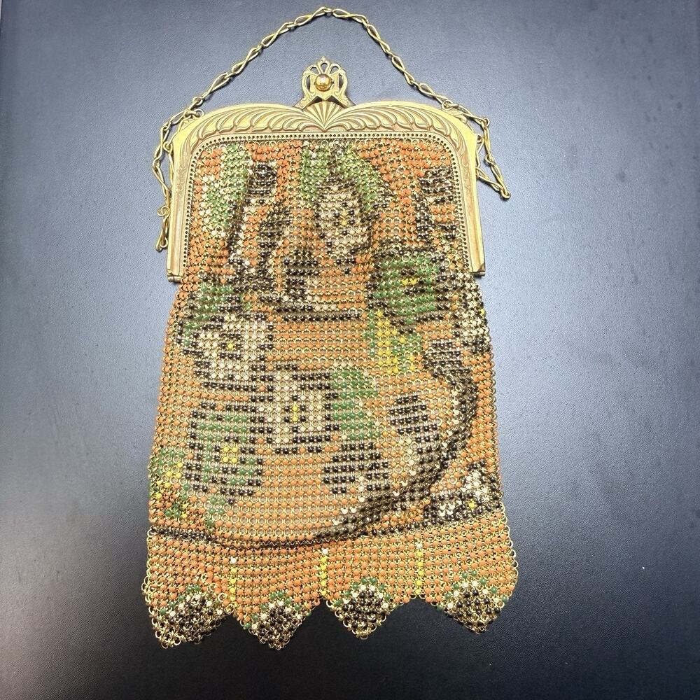 Whiting Davis Mesh Purse Floral Scene Fall Colors w Mirror Vintage VG Condition!